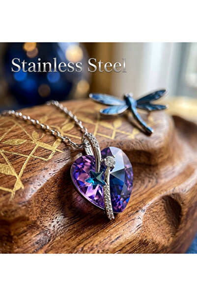 stainless steell سلسلة فولاذية 316L فضية اللون مع قلادة على شكل قلب أرجواني لامع