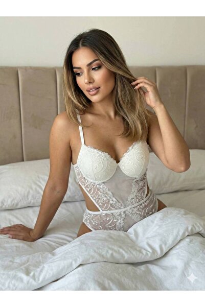 miss nergiz lingerie Çiçek Desenli Brode Destekli Bodysuit Beyaz