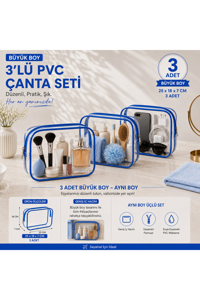 MODEL 3’lü Büyük Boy Su Geçirmez PVC Kozmetik Çantası Seti | Makyaj Organizer...