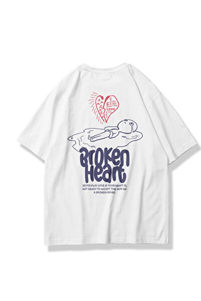STYKEER تي شيرت للجنسين مقاس كبير مطبوع عليه "BROKEN HEARTS" تي شيرت أبيض فضفاض