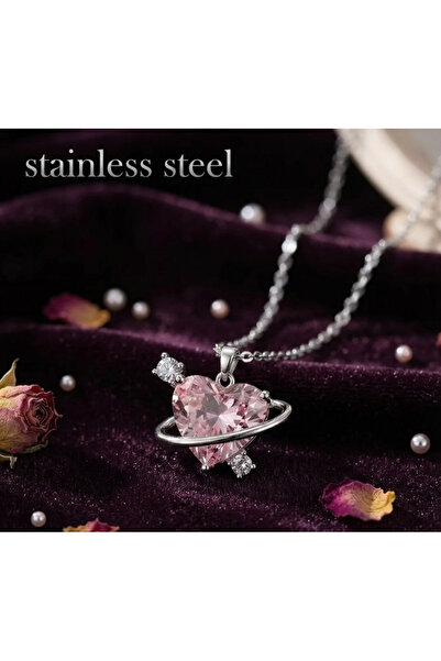 stainless steell سلسلة فولاذية 316L فضية اللون مع قلادة على شكل قلب وردي