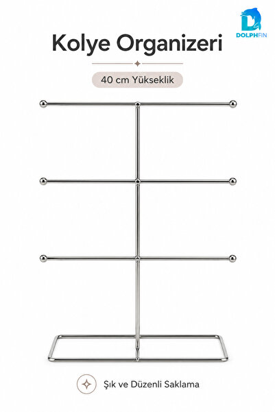 DolphFin 3 Katlı Metal Kolye Organizeri ve Takı Askısı 40 cm Gümüş