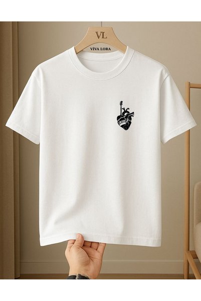 VİVA LORA Anatoki̇k Music Heart Printed 100% Cotton Crewneck Regular Unisex T...