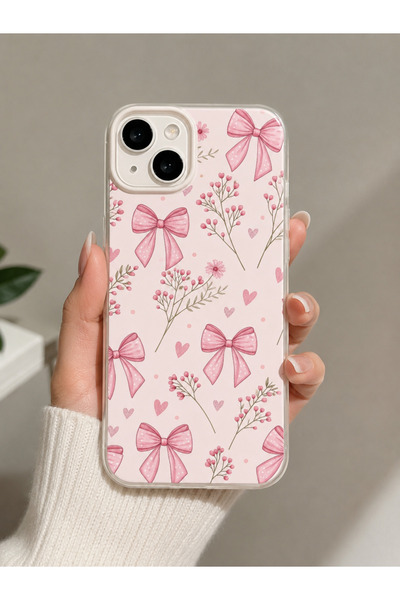 OVADA İphone 13/14/15 Uyumlu Kurdele Çiçek Desenli Şeffaf Telefon Kılıfı