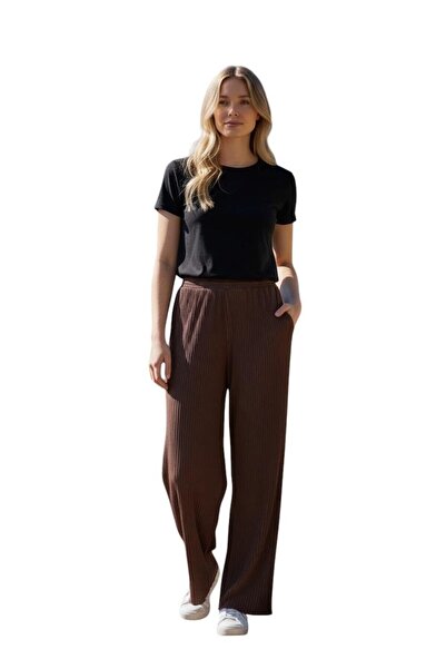 DEE'S FASHION Women's Stretch Pleated Palazzo Trousers, Wide Leg, Elastic Wai...