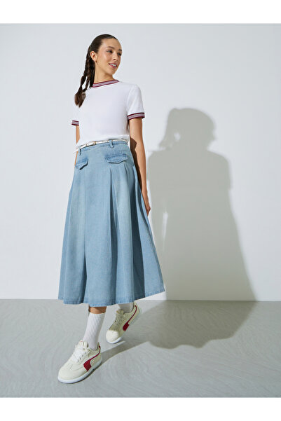 Styli Blue Denim Solid Pocket Decor A-Line Midi Skirt