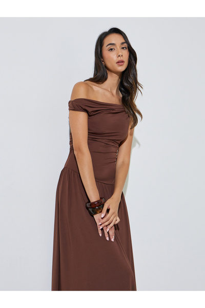 Styli Brown Gathered One Sleeve A-Line Maxi Dress