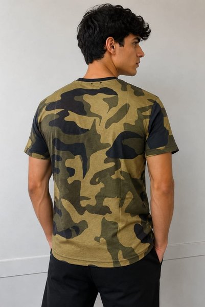 moda poni Men's Khaki Camouflage Patterned Crew Neck Short Sleeve T-Shirt