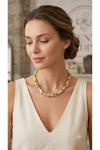 Bymiel Women's Gold Twist Metal and Pearl Detailed Design Necklace