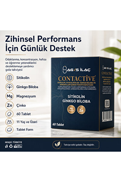 CONTACTİVE 60 Tablet | Sitikolin, Ginkgo Biloba, Magnezyum ve Çinko İçeren Ta...