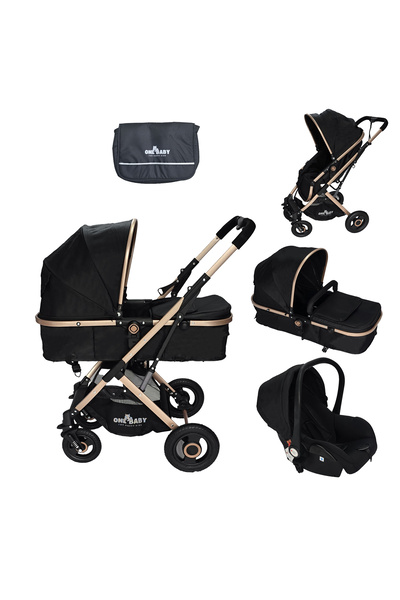 ONEBABY Carucior pentru copii 3 in 1 ONEBABY, Negru, Cu suspensii, Geanta beb...
