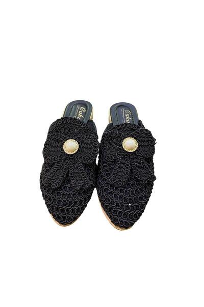 ÇAKIR Women's Flat Thin Sole Closed Front Pearl Detailed Knitwear Slippers