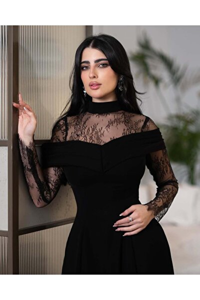 Ayaen Elegant Black Dress with High Collar, Lace Sleeves, and a Flared Skirt