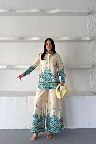Dipmoda Women's Beige Imported Fabric Patterned Shirt and Pants Double Design...