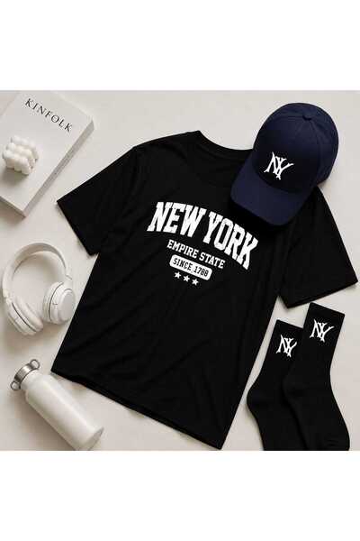 ZAVIXO 100% Cotton 3-Piece Unisex Set New York Printed Oversize T-Shirt Hat S...