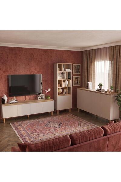 Bimossa G4320 Terra Sepet-Kumtaşı Kitaplıklı TV Ünitesi ve Konsol Oturma Odas...
