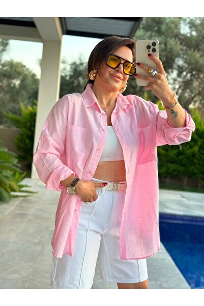 INPOEMA Açık Pembe Çift Cepli Oversize Gömlek