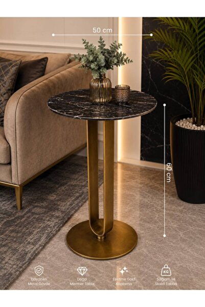 electropad Premium Lüks Eskitme Gold Metal Sehpa -Siyah Doğal Mermer Üst Tabl...