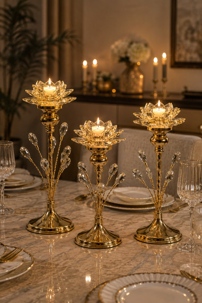 Vien Home 3'lü Kristal Lotus Mumluk Seti Gold Dekoratif Metal Şamdan (28-34-4...