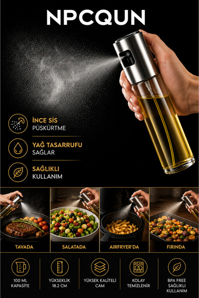 NPCQUN Yağ ve Sirke Püskürtücü Cam Sprey Şişe Yağdanlık 100 ML