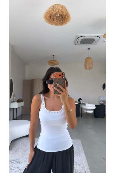 Buket Teke White Studded Ribbed Tank Top