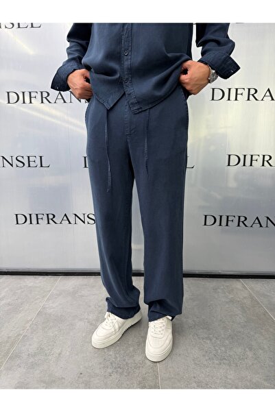 DIFRANSEL JEANS Tencel Cotton Loose Fit Navy Blue Trousers