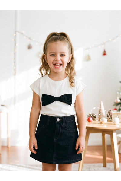 Bubu Kido Kız Çocuk Siyah Fiyonk Detaylı T-Shirt ve Siyah Denim Etek Alt-Üst ...