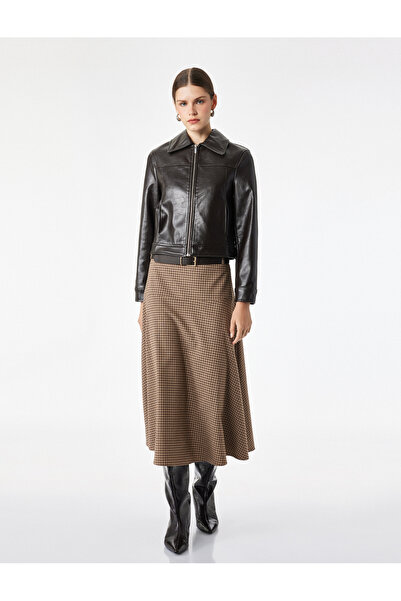 Koton Asymmetrical Cut Plaid Midi Skirt with Belt Detail