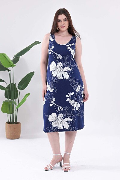 Madwilo Women's Navy Blue Floral Pattern Strap Plus Size Dress