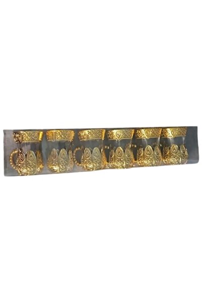 Clini Set de 6 pahare de sticlă cu mâner auriu, model decorativ elegant, 100 ml