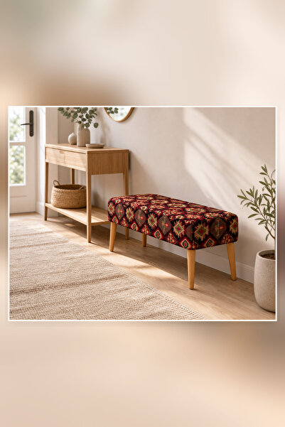 Üçöz Sandıklı Puf Bench Kırmızı Kilim Desenli Ahşap Ayaklı Depolama Alanlı Ot...