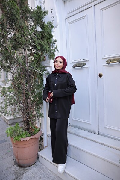 Bwest Snap Fastener Shirt Collar Pocketed Double Hijab Tracksuit Set - (38-46...