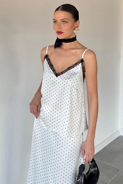 Aryena Cream Women's Polka Dot Satin Blouse with Rope Straps