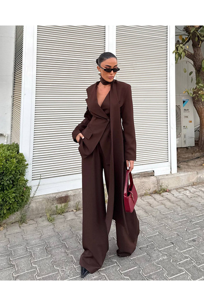 Ortaya Çık Coffee Shawl Detailed Waist-Fitted Jacket and Pants Women's Suit