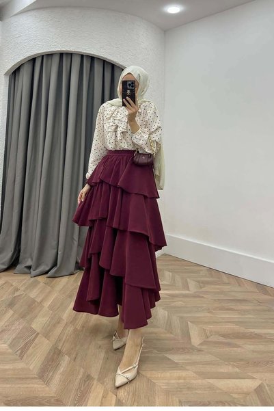 Pardesü Dünyası Volanlı Modern Etek Bordo
