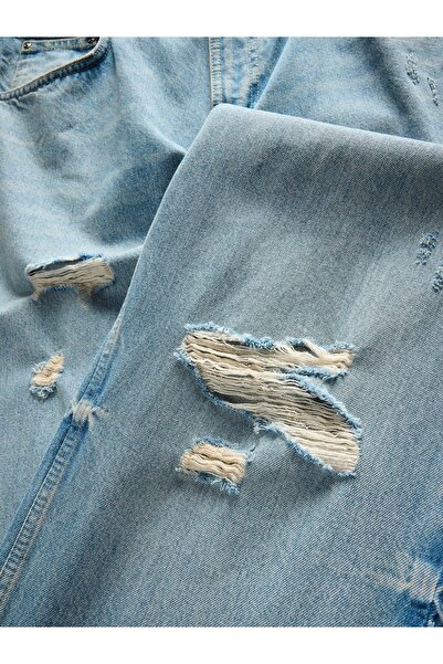 NO BRAND Pantaloni din denim albaștri din bumbac, croială lejeră, cu rupturi,...