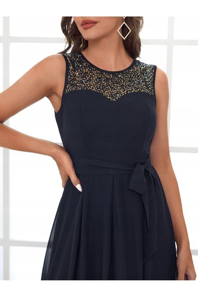 NO BRAND Rochie maxi bleumarin cu paiete, cu centură tip fundă, Shein 36