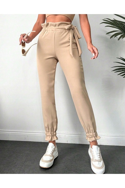 NO BRAND Pantaloni jogger clasici, netezi, cu volane, talie înaltă, cu șnur, ...