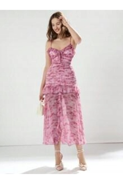 NO BRAND Rochie roz cu bretele, lungime midi, cu volane, design tie-dye, Shei...