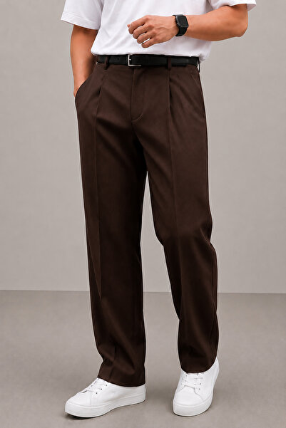 Montivo Men's Brown Premium Wide Leg Elastic Waist Fabric Trousers