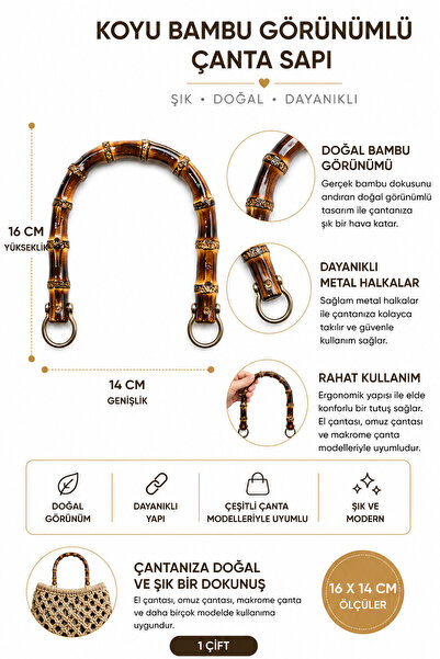 vollen yarn Doğal Bambu Çanta Sapı 16x14 cm 1 Çift (2 Adet) Metal Halkalı El ...