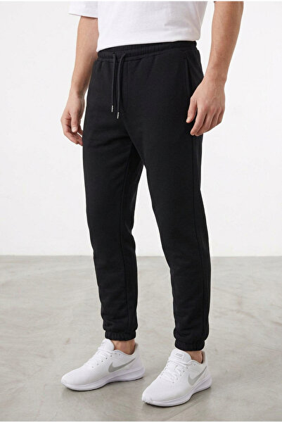 ELAFRO Men's Black 3-Thread Fleece-Lined Elastic Leg Jogger Cotton Sweatpants