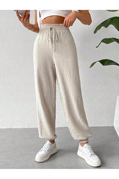 NO BRAND Pantaloni clasici bej, croială largă, talie înaltă, talie elastică, ...