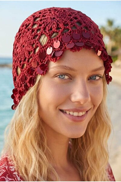 Mood Agenda Women's Sequin Decorated Knitted Beanie with Mesh Texture Bohemia...