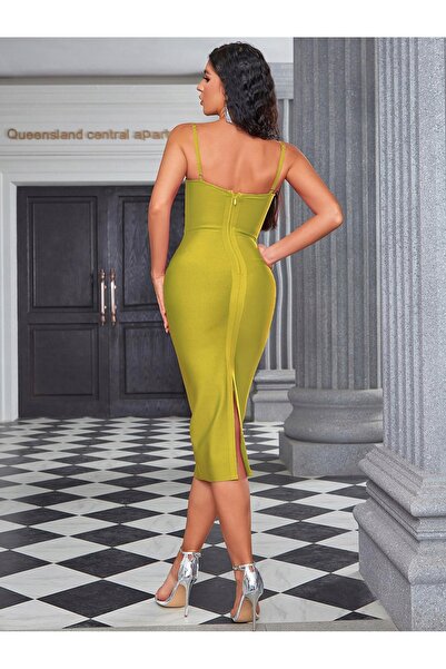 NO BRAND Rochie midi verde creion, decolteu tip inimă, bretele Shein, 40