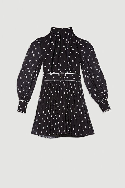 NO BRAND Rochie mini din șifon negru cu buline, cu mânecă lungă și curea, Kar...
