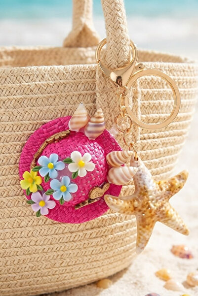 Jaida Moda Starfish Figured Bag Charm Keychain Straw Hat Detailed Bag Charm