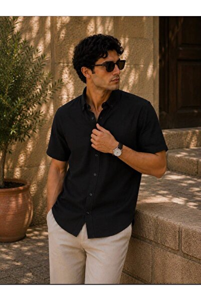 Erkek Siyah Müslin Oversize Kısa Kollu Gömlek Yazlık Nefes Alan Pamuklu Dokulu Rahat Kesim Basic Casual Günlük Tatil Plaj Şık Gömlek