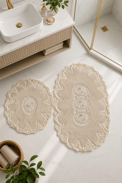 Bonny Home Mink 2-Piece Lace Non-Slip Leather Based Oval Bath Mat Set with La...