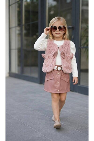 PALLERMO KİDS 3-Piece Set with Leather Skirt for Girls